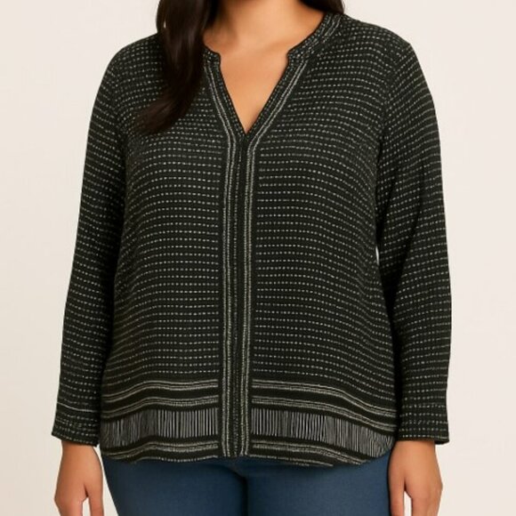 Sandwich Green White Dot Stripe Blouse Size 12 Lightweight Long Sleeve V-Neck - Picture 10 of 10